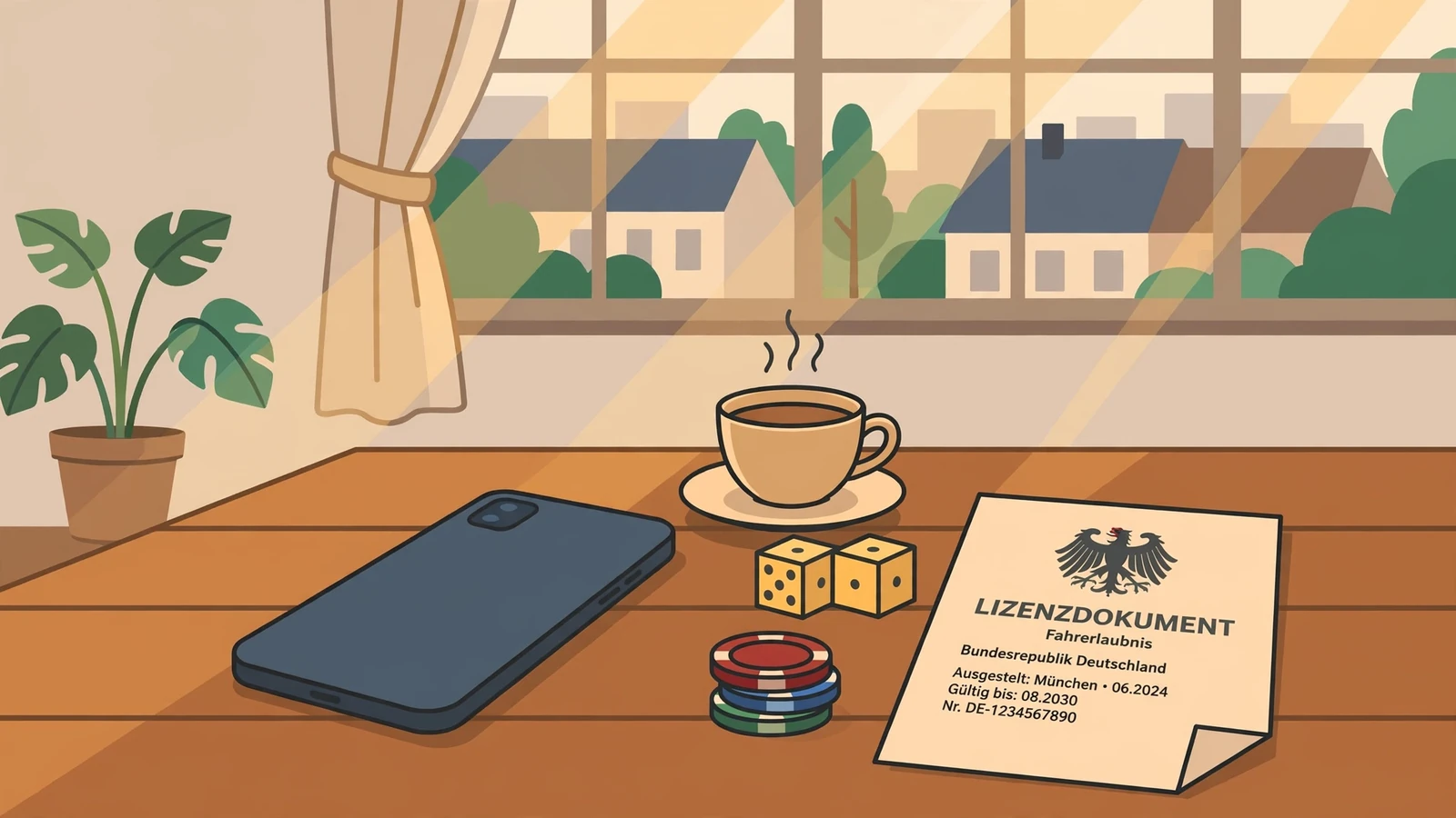 Smartphone mit verdecktem Bildschirm auf Tisch, daneben Pokerchips, Würfel und Lizenzurkunde in einer deutschen Wohnung.