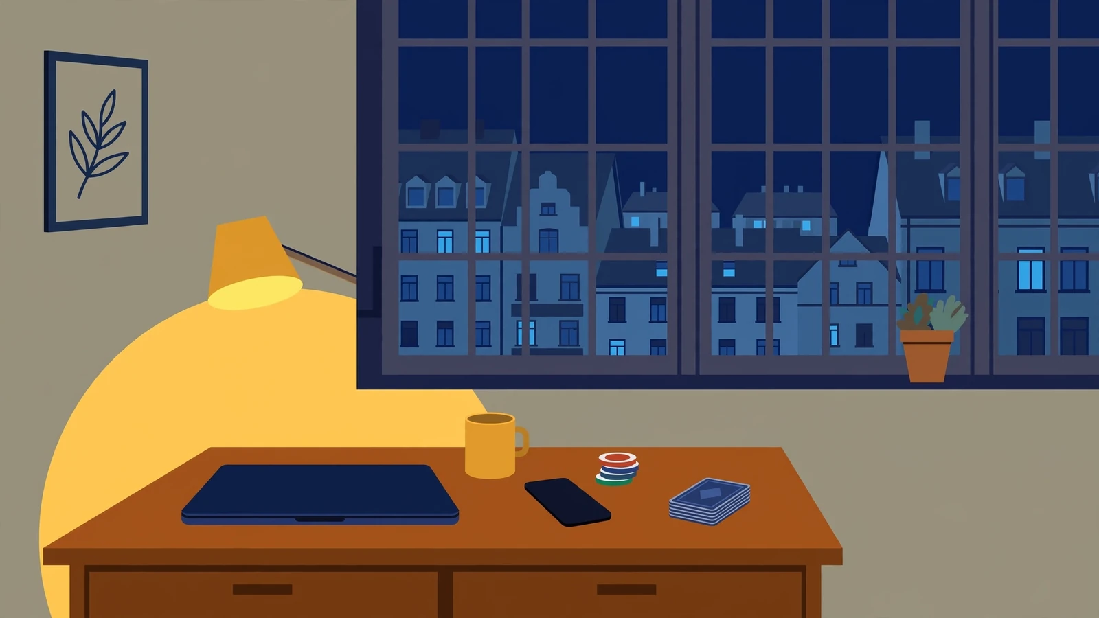 Laptop auf Schreibtisch in deutscher Wohnung bei Nacht mit Casino-Chips und Spielkarten